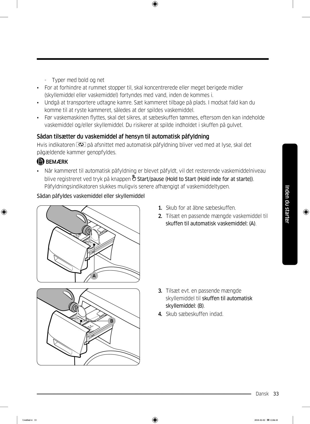 Samsung WD10N84INOA/EE manual Dansk 33  